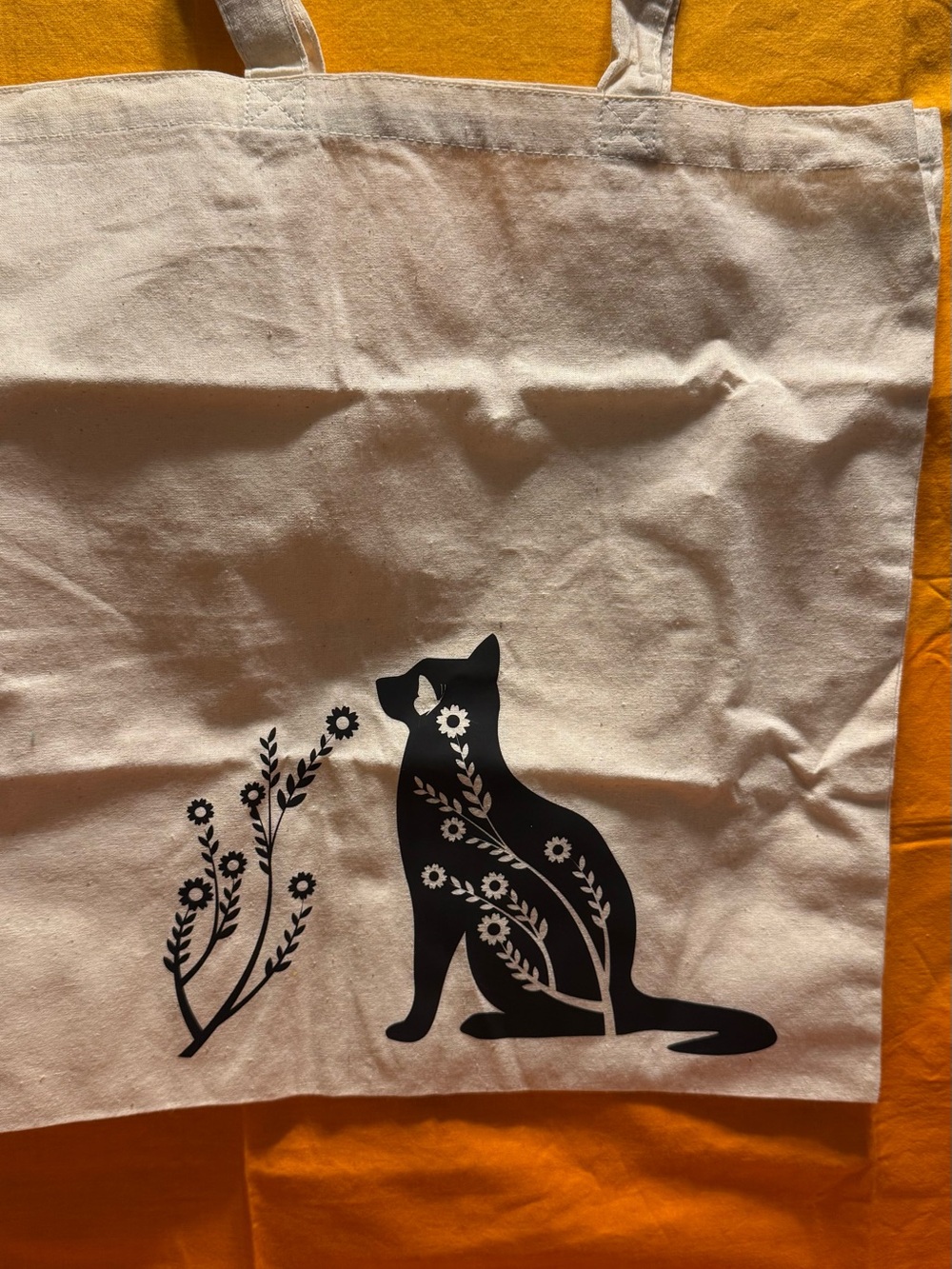 Cream Canvas Cat Tote with Black Floral Silhouette - Pet Accessory